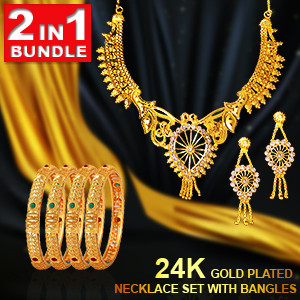 2in1 Bundle, 24K Gold Plated Necklace Set with Bangles. 24KNB