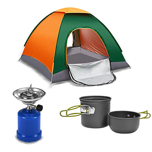 Camping Combo offer- Popup Tent, 2 pcs Cooking Set and Portable Gas Stove