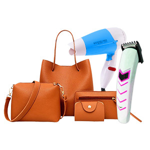 6 IN 1 BUNDLE OFFER, LADIES FASHION 4 PCS HAND BAG, AKNOVA RECHARGEABLE HAIR TRIMMER, ECOSONA FOLDABLE MINI HAIR DRYER 1000 WATTS