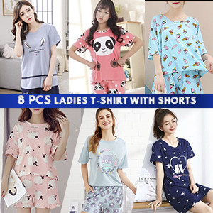 8 Pieces Mickie Women Cartoon Printed Short Sleeve T Shirt and Shorts Sleepwear Cute Ladies Summer Nightwear Homewear