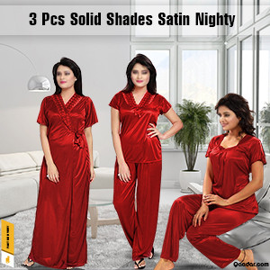 3 Pieces Solid Shades Satin Nightwear Set. SILKY