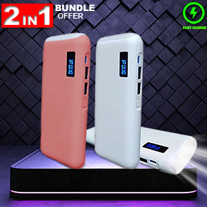 2 Pcs Intelligent Power Bank 10,000mAh With 2-USB Cable & LED Torch Assorted. YT07